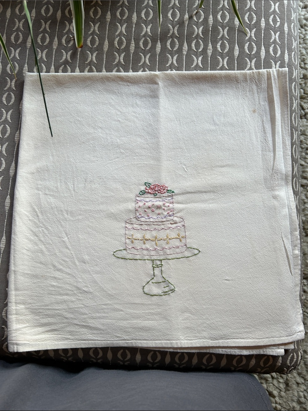 Embroidered Cake Stand Tea Towel - White